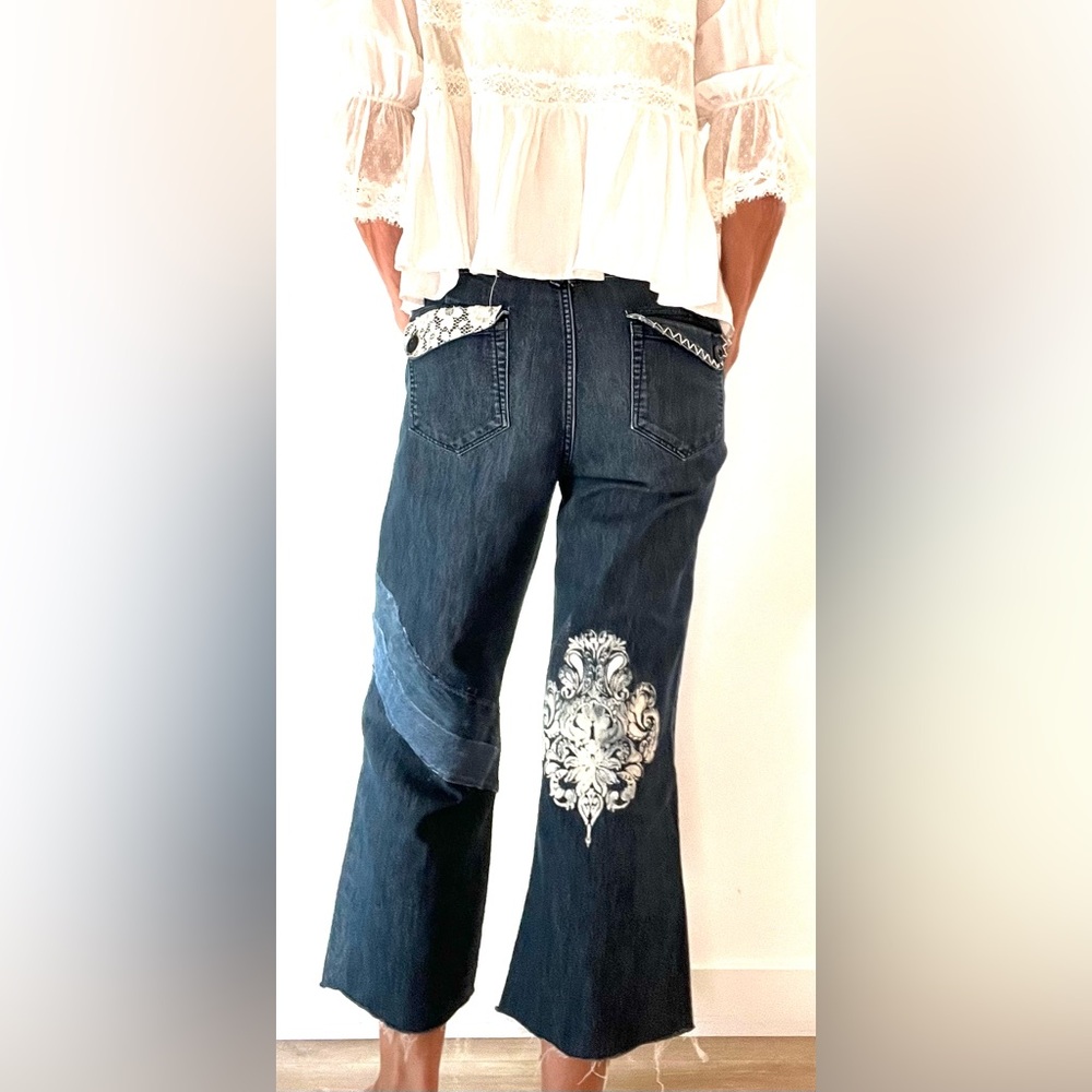 Upcycled Artistic Patchwork Flare Jeans, embroidery, painted, patched - Picture 6 of 6